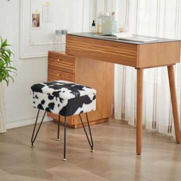 Leesingdo Vanity Stool Chair, Faux Fur Ottoman Foot Stool with Metal Legs & Adjustable Black Feet, Flip Top Storage Makeup Stool with Soft Padded Seat, Foot Rest for Makeup Room Bedroom, Cow