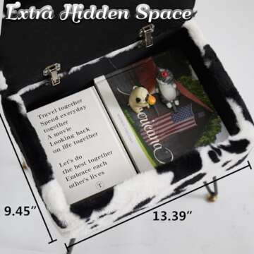 Leesingdo Vanity Stool Chair, Faux Fur Ottoman Foot Stool with Metal Legs & Adjustable Black Feet, Flip Top Storage Makeup Stool with Soft Padded Seat, Foot Rest for Makeup Room Bedroom, Cow