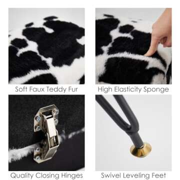 Leesingdo Vanity Stool Chair, Faux Fur Ottoman Foot Stool with Metal Legs & Adjustable Black Feet, Flip Top Storage Makeup Stool with Soft Padded Seat, Foot Rest for Makeup Room Bedroom, Cow