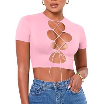 BORIFLORS Women's Sexy Crop Tops Cut Out Lace Up Criss Cross Short Sleeve T Shirt, X-Large,Pink