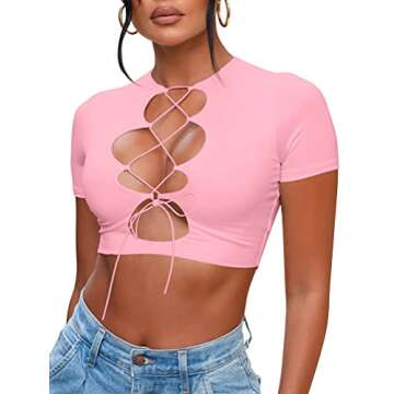 BORIFLORS Women's Sexy Crop Tops Cut Out Lace Up Criss Cross Short Sleeve T Shirt, X-Large,Pink
