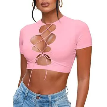 BORIFLORS Women's Sexy Crop Tops Cut Out Lace Up Criss Cross Short Sleeve T Shirt, X-Large,Pink