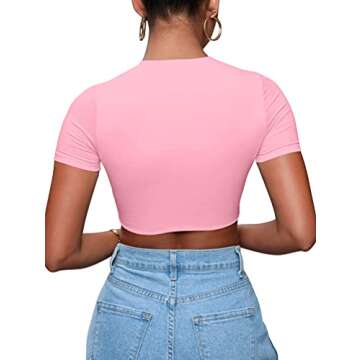 BORIFLORS Women's Sexy Crop Tops Cut Out Lace Up Criss Cross Short Sleeve T Shirt, X-Large,Pink