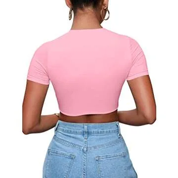 BORIFLORS Women's Sexy Crop Tops Cut Out Lace Up Criss Cross Short Sleeve T Shirt, X-Large,Pink