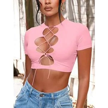 BORIFLORS Women's Sexy Crop Tops Cut Out Lace Up Criss Cross Short Sleeve T Shirt, X-Large,Pink