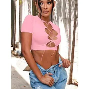 BORIFLORS Women's Sexy Crop Tops Cut Out Lace Up Criss Cross Short Sleeve T Shirt, X-Large,Pink