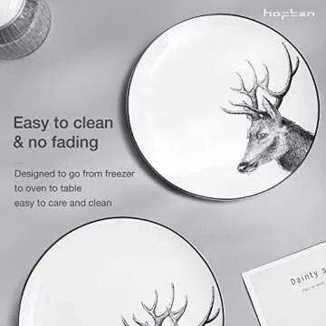Ceramic Plates and Bowls Sets for 6, 18 Piece Rustic Deer Dinnerware Sets, Porcelain Dishes Set, Microwave Safe & Dishwasher Safe, Service for 6, Warmful for Holiday, Christmas or Any Occasion