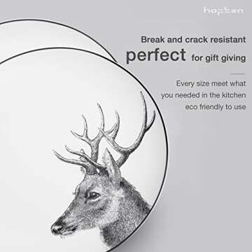 Ceramic Plates and Bowls Sets for 6, 18 Piece Rustic Deer Dinnerware Sets, Porcelain Dishes Set, Microwave Safe & Dishwasher Safe, Service for 6, Warmful for Holiday, Christmas or Any Occasion