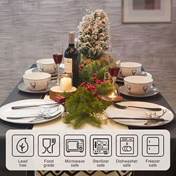 Ceramic Plates and Bowls Sets for 6, 18 Piece Rustic Deer Dinnerware Sets, Porcelain Dishes Set, Microwave Safe & Dishwasher Safe, Service for 6, Warmful for Holiday, Christmas or Any Occasion