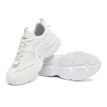 Niluber Women's Chunky Platform Sneakers-Slip On Breathable Running Shoes-Lightweight Glitter Rhinestone White Black Sneakers(White,6)