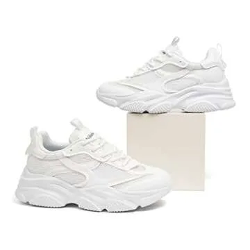 Niluber Women's Chunky Platform Sneakers-Slip On Breathable Running Shoes-Lightweight Glitter Rhinestone White Black Sneakers(White,6)