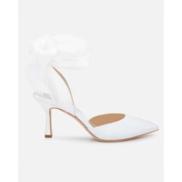 Womens Lace up Satin Heels Bow Pointed Closed Toe Bridal Dress Shoes Low Heel Wedding Elegant Pumps, White, Size 6.5