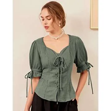 Scarlet Darkness Womens Renaissance Shirts Casual Sweetheart Neck Lacing Tops Blouse Green Gray L