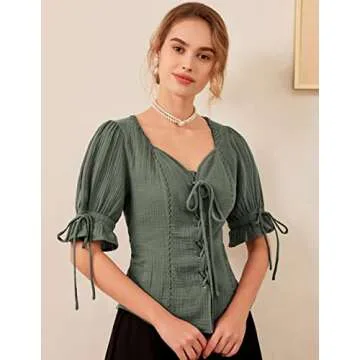 Scarlet Darkness Womens Renaissance Shirts Casual Sweetheart Neck Lacing Tops Blouse Green Gray L