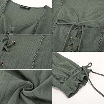 Scarlet Darkness Womens Renaissance Shirts Casual Sweetheart Neck Lacing Tops Blouse Green Gray L