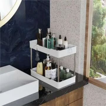 Tailide Under Sink Organizer, 2 Tier Bathroom Cabinet Organizer, Under Bathroom Sink Organizers and Storage, Under Kitchen Sink Organizers and Storage, Cleaning Supplies Organizer, White, 2 Pack