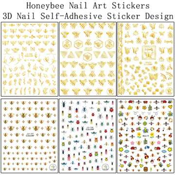 Cute Honeybee Nail Art Stickers, 3D Little Animal Self-Adhesive Sticker Cartoon Bee Nail Art Decals Holographic Gold Bee Nail Decal Design for Women Girls Manicure Decoration DIY Nail Sticker Supplies