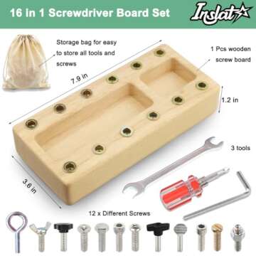 Inslat Montessori Screwdriver Board Set, Wooden Montessori Toy Tool for 3 4 5 Year Old Kids, Educati...