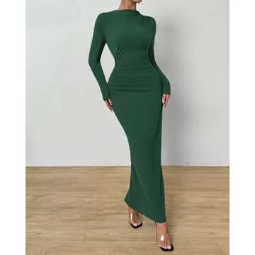 BTFBM Women Bodycon Maxi Dress Long Sleeve Back Slit Ruched Elegant Party Cocktail Formal Fall Weddi...