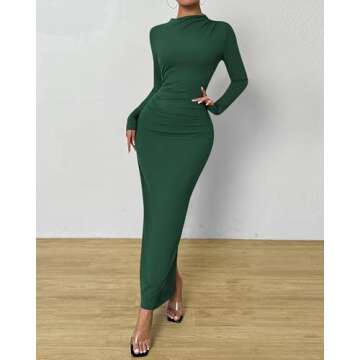 BTFBM Women Bodycon Maxi Dress Long Sleeve Back Slit Ruched Elegant Party Cocktail Formal Fall Wedding Guest Dresses(Dark Green, Medium)