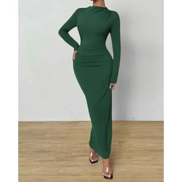 BTFBM Women Bodycon Maxi Dress Long Sleeve Back Slit Ruched Elegant Party Cocktail Formal Fall Wedding Guest Dresses(Dark Green, Medium)