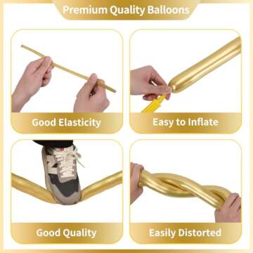 RUBFAC 260 Long Balloons, Metallic Gold Twisting Balloons 100pcs Gold Balloons Magic Balloons Animal Balloons for Party, Carnivals, Birthday, Wedding Party Decorations