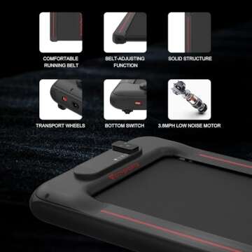 Under Desk Treadmill Portable Walking Pad, Adjustable Speed with APP, LCD Screen & Calorie Counter, Ultra Thin and Silent, Intended for Home/Office (Black Red)