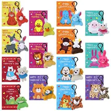 28 Pack Valentine's Day Gift Cards with Mini Animal Plush Keychains for Kids