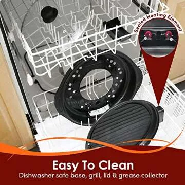 Elite Gourmet EMG1100 11" Electric Indoor Nonstick Grill Dishwasher Safe, Cool Touch, Fast Heat Up Ideal Low-Fat Meals, Includes Tempered Glass Lid, Black