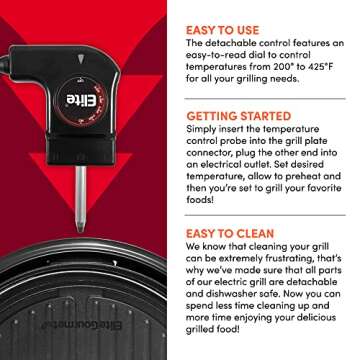 Elite Gourmet EMG1100 11" Electric Indoor Nonstick Grill Dishwasher Safe, Cool Touch, Fast Heat Up Ideal Low-Fat Meals, Includes Tempered Glass Lid, Black