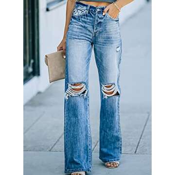 Sidefeel Women's High Waisted Ripped Flared Jeans Destroyed Wide Leg Denim Pants Blue Size 14