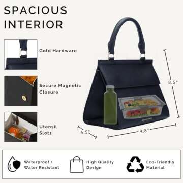 Modern Picnic Vegan Leather Lunch Bag for Women, Cooler Lunch Bag for Girls, Easily Wipeable, Adjustable Shoulder Strap, Women’s Lunch Bags for Work/Office/Outdoor, (Black) As Seen on Shark Tank