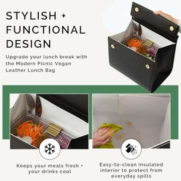 Modern Picnic Vegan Leather Lunch Bag for Women, Cooler Lunch Bag for Girls, Easily Wipeable, Adjustable Shoulder Strap, Women’s Lunch Bags for Work/Office/Outdoor, (Black) As Seen on Shark Tank