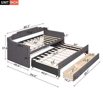 MERITLINE Twin Upholstered Daybed with Twin Size Trundle and 3 Storage Drawers, Wood Sofa Bed for Li...
