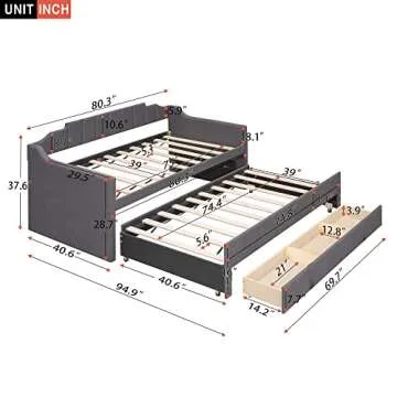 MERITLINE Twin Upholstered Daybed with Twin Size Trundle and 3 Storage Drawers, Wood Sofa Bed for Li...