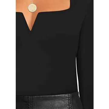 SAUNGKUAI Women's Notch V Neck Long Sleeve Thong Bodysuit Tops Square Neck Body Suits Black Small