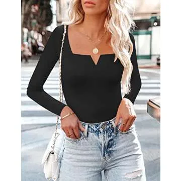 SAUNGKUAI Women's Notch V Neck Long Sleeve Thong Bodysuit Tops Square Neck Body Suits Black Small