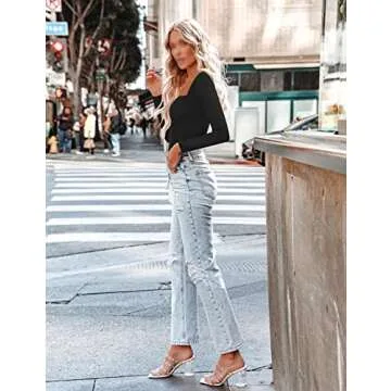 SAUNGKUAI Women's Notch V Neck Long Sleeve Thong Bodysuit Tops Square Neck Body Suits Black Small