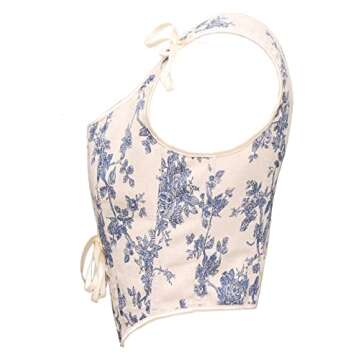 bslingerie Women Retro Vintage Victorian Push Up Bustier Going Out Crop Top Tank Top Corset (as1, Alpha, S, Regular, Regular, Blue White Floral)