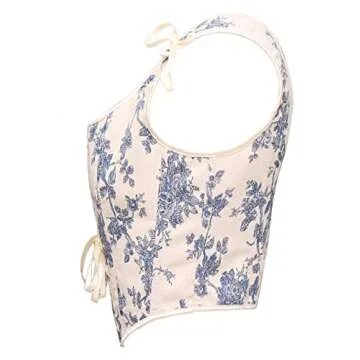 bslingerie Women Retro Vintage Victorian Push Up Bustier Going Out Crop Top Tank Top Corset (as1, Alpha, S, Regular, Regular, Blue White Floral)