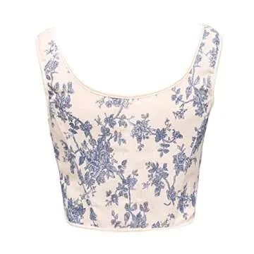 bslingerie Women Retro Vintage Victorian Push Up Bustier Going Out Crop Top Tank Top Corset (as1, Alpha, S, Regular, Regular, Blue White Floral)