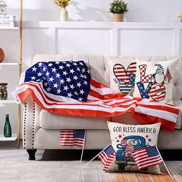 AnyDesign 4th of July Gnome Pillow Covers 18 x 18 Inch Independence Day Throw Pillow Case Red Blue Stars Stripes Decorative Pillow Case Patriotic Cushion Cover for Home Office Sofa, 4 Pack