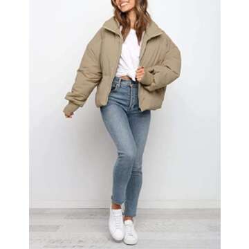 InterNos Women's Winter Stand Collar Zip Puffer Jacket Baggy Short Padded Down Coats(0128-Khaki-XS)