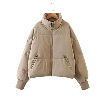 InterNos Women's Winter Stand Collar Zip Puffer Jacket Baggy Short Padded Down Coats(0128-Khaki-XS)