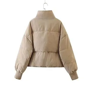 InterNos Women's Winter Stand Collar Zip Puffer Jacket Baggy Short Padded Down Coats(0128-Khaki-XS)