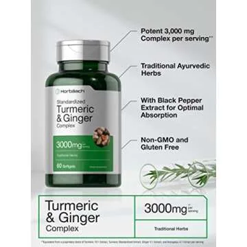 Horbäach Turmeric and Ginger Supplement 3000 mg | 60 Softgel Capsules | Turmeric Curcumin Complex with Black Pepper Extract | Non-GMO, Gluten Free
