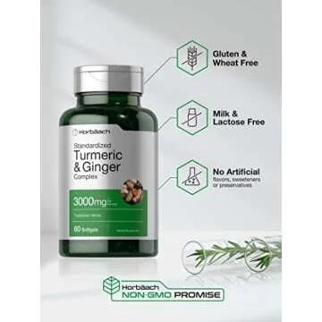 Horbäach Turmeric and Ginger Supplement 3000 mg | 60 Softgel Capsules | Turmeric Curcumin Complex with Black Pepper Extract | Non-GMO, Gluten Free