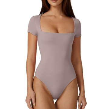 QINSEN Short Sleeve Bodysuit Tops for Women Sexy Square Neck Summer Body Suit Shirt Crystal Gray M