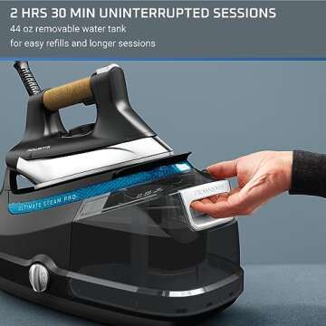 Rowenta, Iron, Ultimate Steam Pro Stainless Steel Soleplate Professional Steam Station for Clothes, 1800 Watts, 1.3L Removable Tank, Boiler Technology, Fast Heat Up, Black Clothes Iron, DG8668