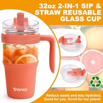 Tronco 32oz Glass Tumbler Leakproof BPA Free Dishwasher Safe